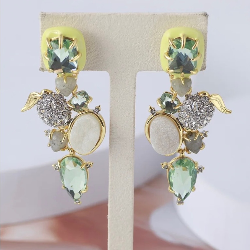 Alexis Bittar Green Earrings Dangle Drop Gold Plated Druzy Qaurtz